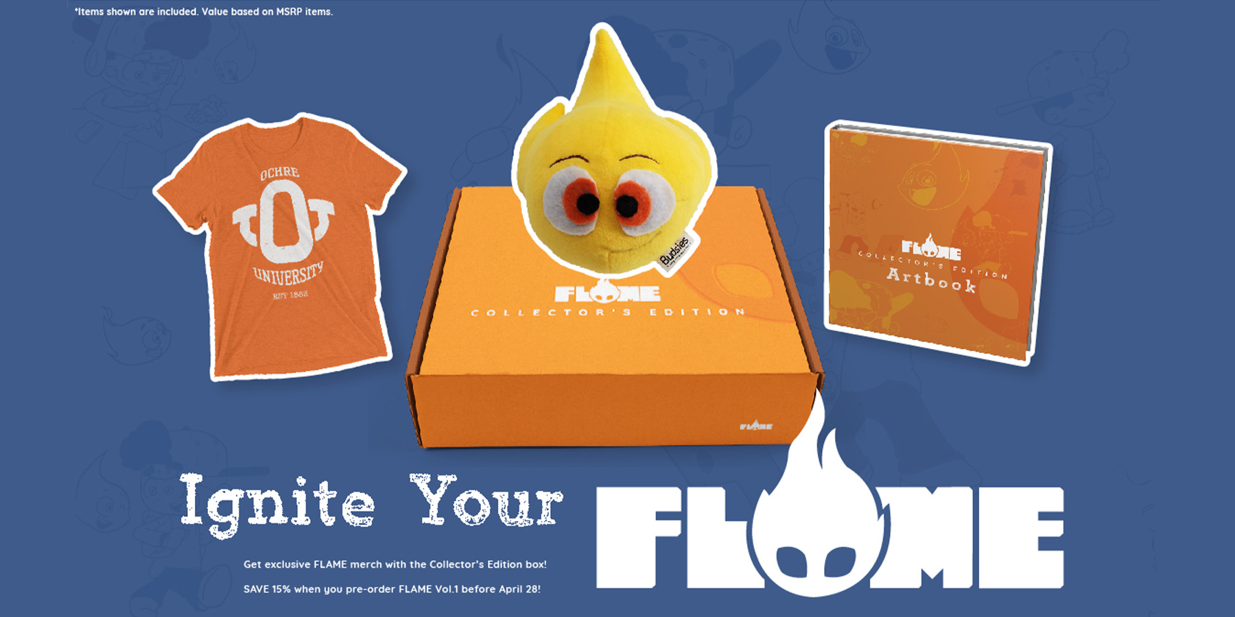 FLAME collector's edition box including plush, shirt, and artbook, a digital artwork project by Avery Dove.